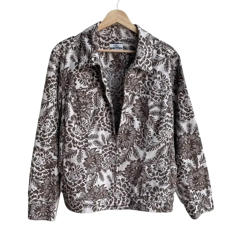 Brown Floral Linen Blend Lightweight Jacket Size XL Neutral Cottagecore Shacket